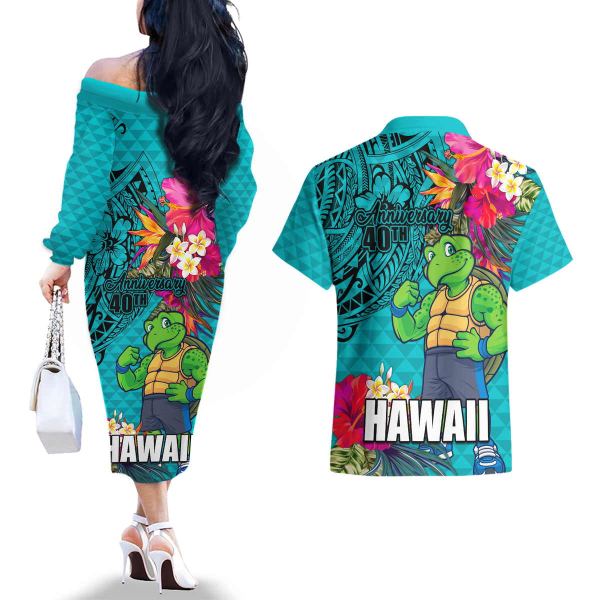 Hawaii Great Aloha Run 40th Anniversary Couples Matching Off The Shoulder Long Sleeve Dress and Hawaiian Shirt With Turtle Mascot Marathon Hibiscus and Kakau LT03 - Polynesian Pride