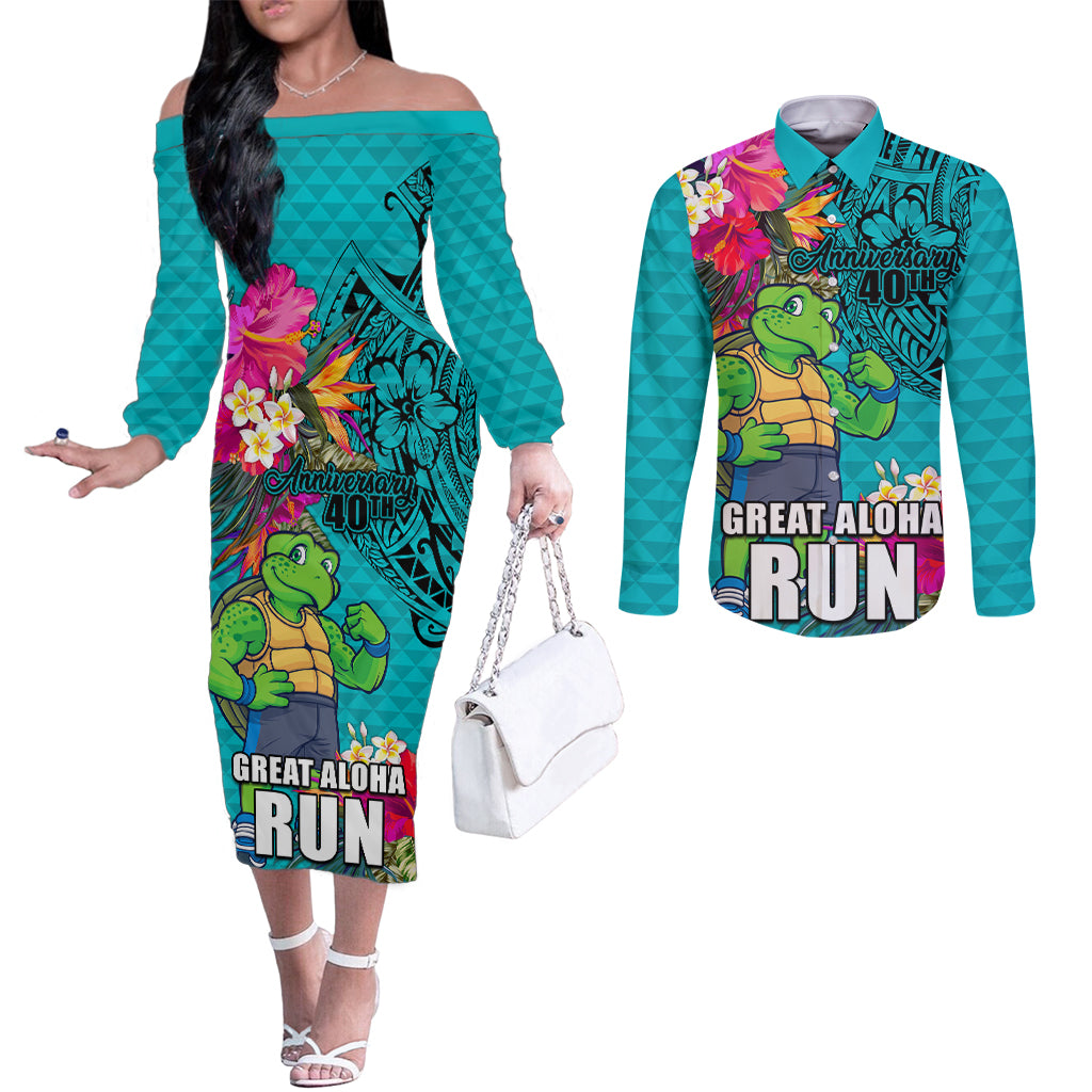 Hawaii Great Aloha Run 40th Anniversary Couples Matching Off The Shoulder Long Sleeve Dress and Long Sleeve Button Shirt With Turtle Mascot Marathon Hibiscus and Kakau LT03 Turquoise - Polynesian Pride