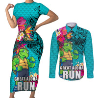 Hawaii Great Aloha Run 40th Anniversary Couples Matching Short Sleeve Bodycon Dress and Long Sleeve Button Shirt With Turtle Mascot Marathon Hibiscus and Kakau LT03 Turquoise - Polynesian Pride