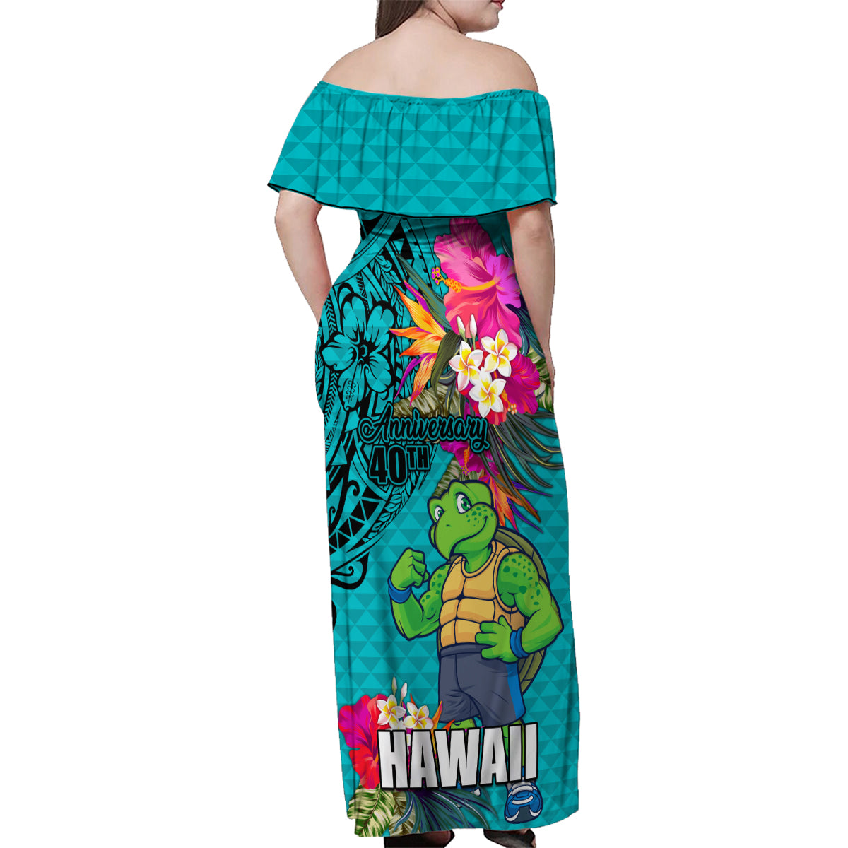Hawaii Great Aloha Run 40th Anniversary Family Matching Off Shoulder Maxi Dress and Hawaiian Shirt With Turtle Mascot Marathon Hibiscus and Kakau LT03 - Polynesian Pride