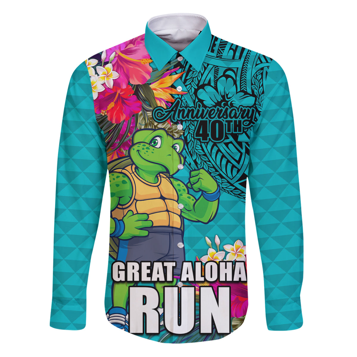 Hawaii Great Aloha Run 40th Anniversary Family Matching Puletasi and Hawaiian Shirt With Turtle Mascot Marathon Hibiscus and Kakau LT03 Dad's Shirt - Long Sleeve Turquoise - Polynesian Pride