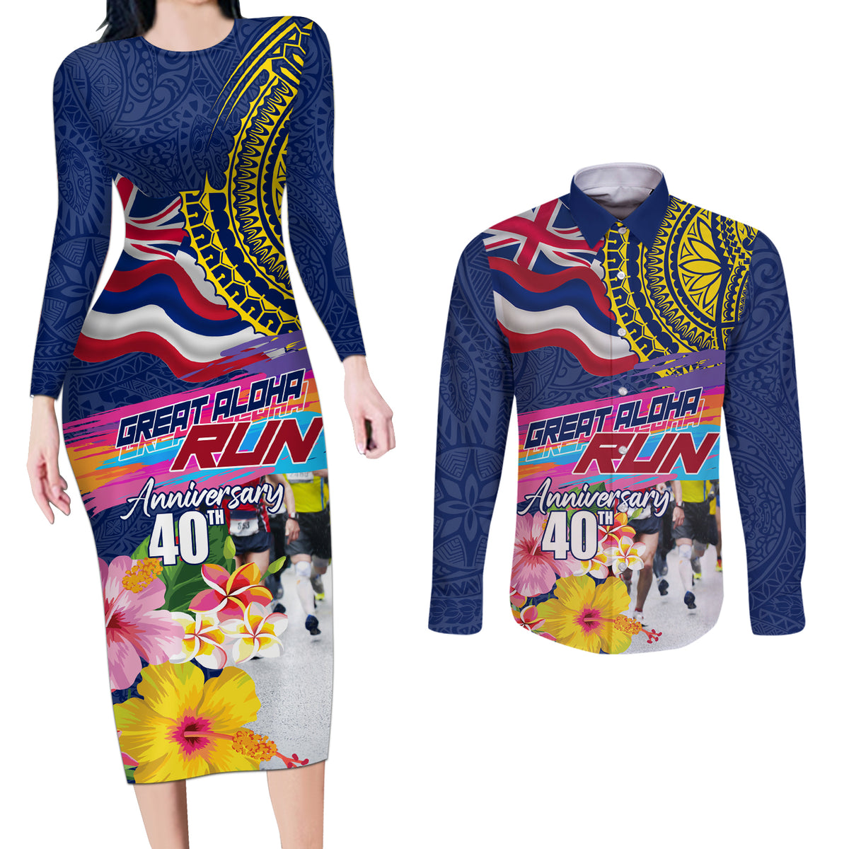 Hawaii Great Aloha Run 40th Anniversary Couples Matching Long Sleeve Bodycon Dress and Long Sleeve Button Shirt Hibiscus and Kakau Pattern LT03 Blue - Polynesian Pride