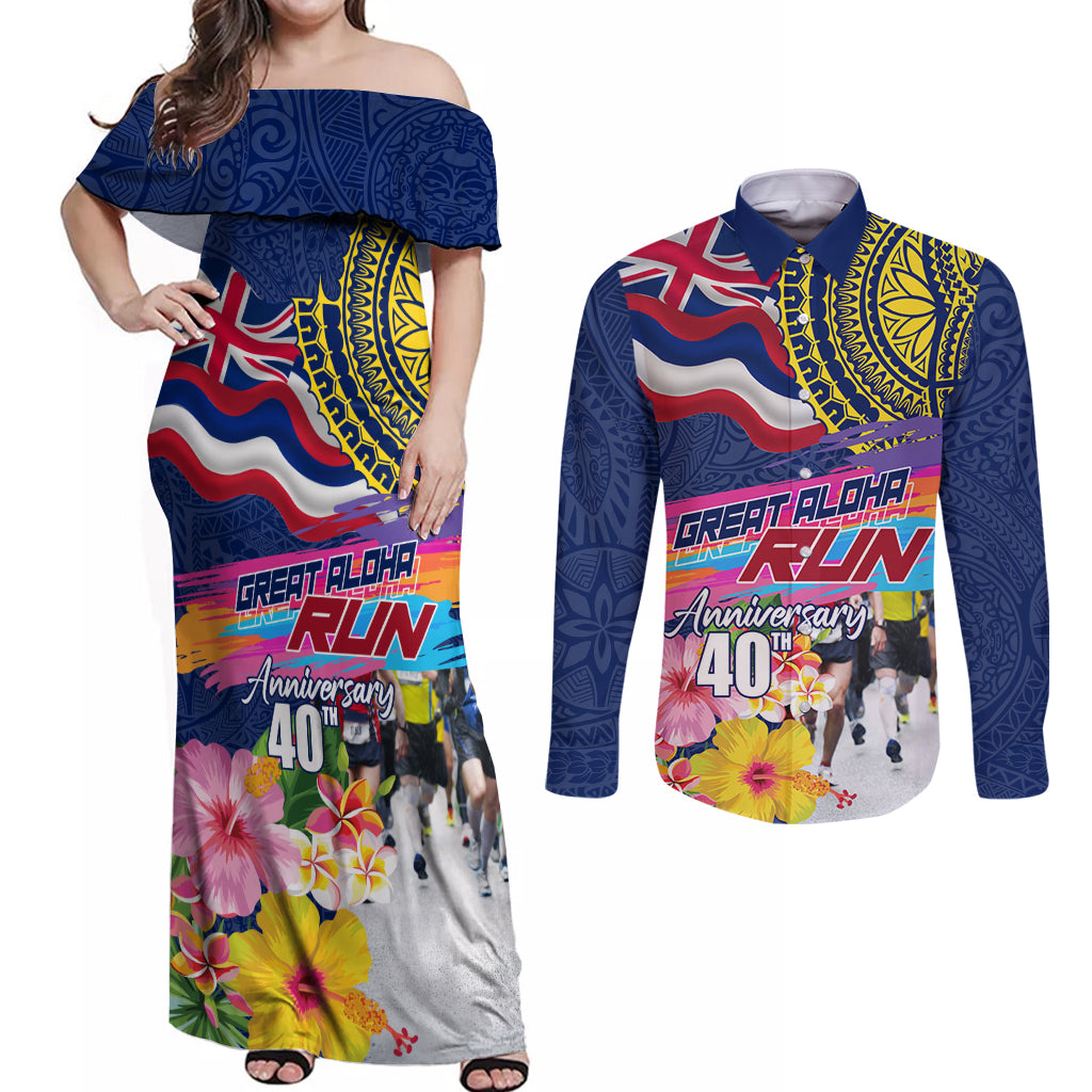 Hawaii Great Aloha Run 40th Anniversary Couples Matching Off Shoulder Maxi Dress and Long Sleeve Button Shirt Hibiscus and Kakau Pattern LT03 Blue - Polynesian Pride