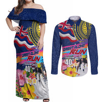 Hawaii Great Aloha Run 40th Anniversary Couples Matching Off Shoulder Maxi Dress and Long Sleeve Button Shirt Hibiscus and Kakau Pattern LT03 Blue - Polynesian Pride