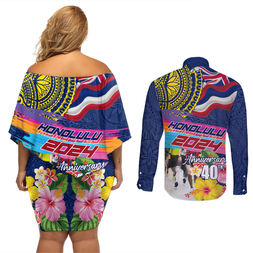Hawaii Great Aloha Run 40th Anniversary Couples Matching Off Shoulder Short Dress and Long Sleeve Button Shirt Hibiscus and Kakau Pattern LT03 - Polynesian Pride
