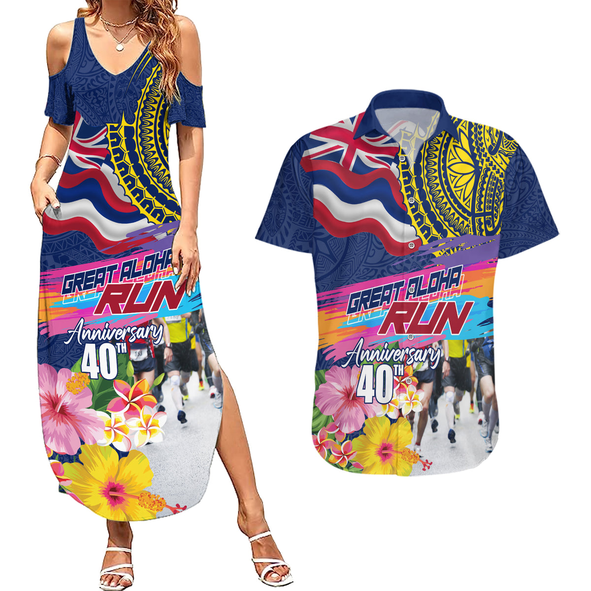 Hawaii Great Aloha Run 40th Anniversary Couples Matching Summer Maxi Dress and Hawaiian Shirt Hibiscus and Kakau Pattern LT03 Blue - Polynesian Pride