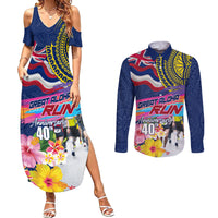 Hawaii Great Aloha Run 40th Anniversary Couples Matching Summer Maxi Dress and Long Sleeve Button Shirt Hibiscus and Kakau Pattern LT03 Blue - Polynesian Pride
