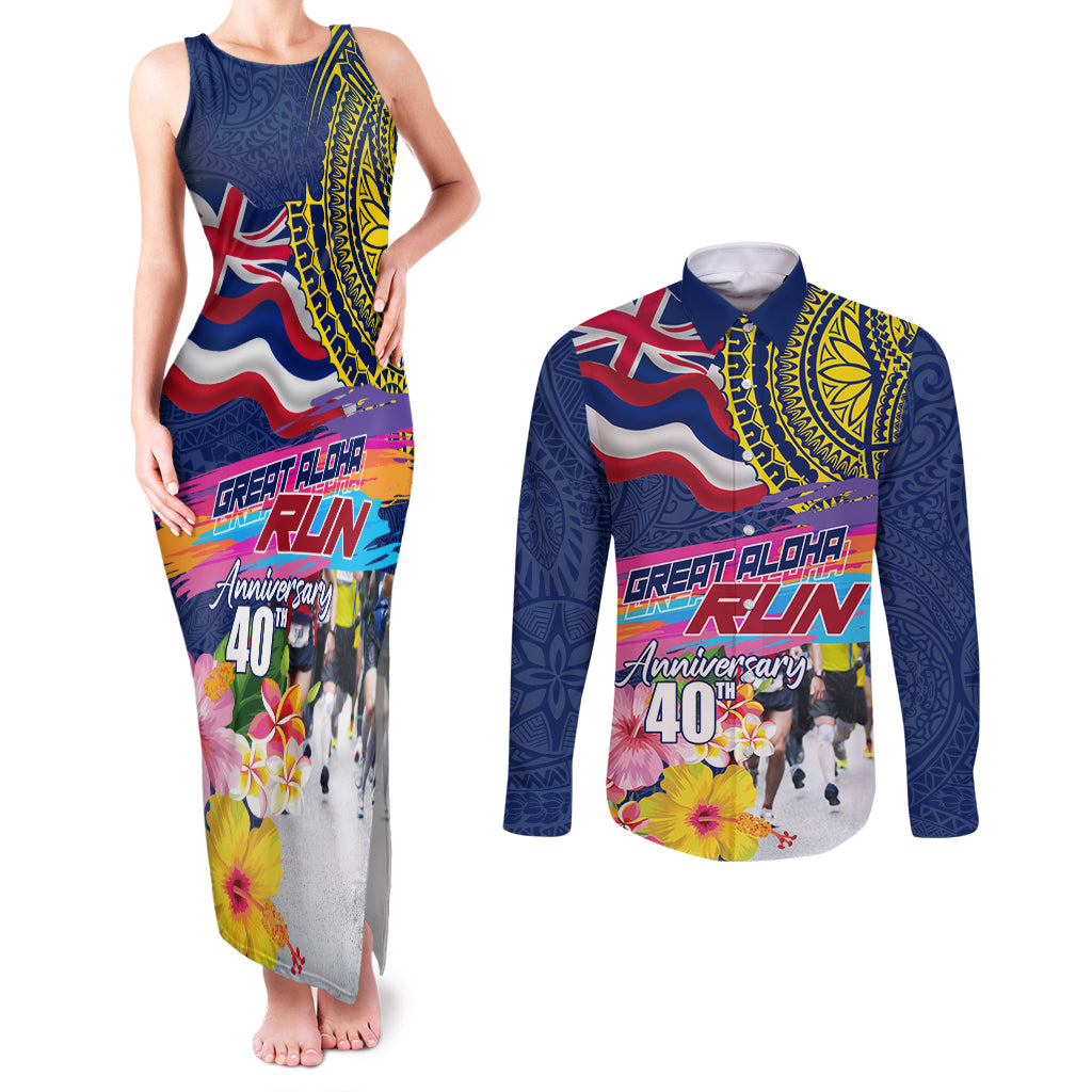 Hawaii Great Aloha Run 40th Anniversary Couples Matching Tank Maxi Dress and Long Sleeve Button Shirt Hibiscus and Kakau Pattern LT03 Blue - Polynesian Pride