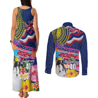 Hawaii Great Aloha Run 40th Anniversary Couples Matching Tank Maxi Dress and Long Sleeve Button Shirt Hibiscus and Kakau Pattern LT03 - Polynesian Pride