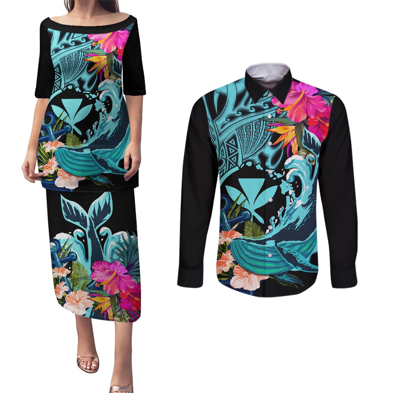Hawaii Couples Matching Puletasi and Long Sleeve Button Shirt Whale Mix Hibiscus and Kanaka Maoli LT03 Black - Polynesian Pride