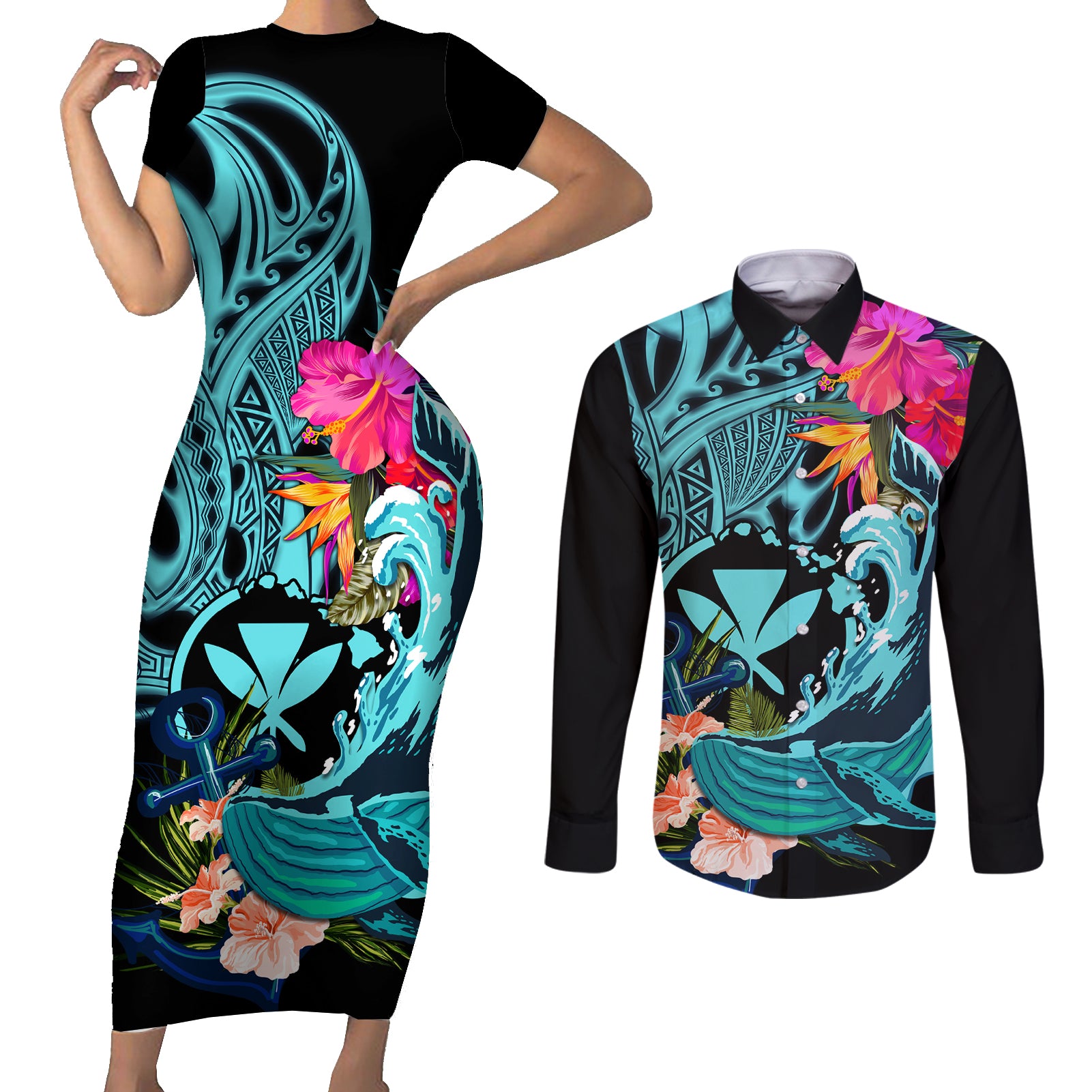 Hawaii Couples Matching Short Sleeve Bodycon Dress and Long Sleeve Button Shirt Whale Mix Hibiscus and Kanaka Maoli LT03 Black - Polynesian Pride