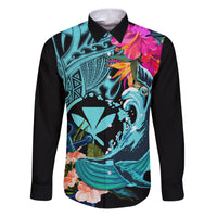 Hawaii Family Matching Puletasi and Hawaiian Shirt Whale Mix Hibiscus and Kanaka Maoli LT03 Dad's Shirt - Long Sleeve Black - Polynesian Pride
