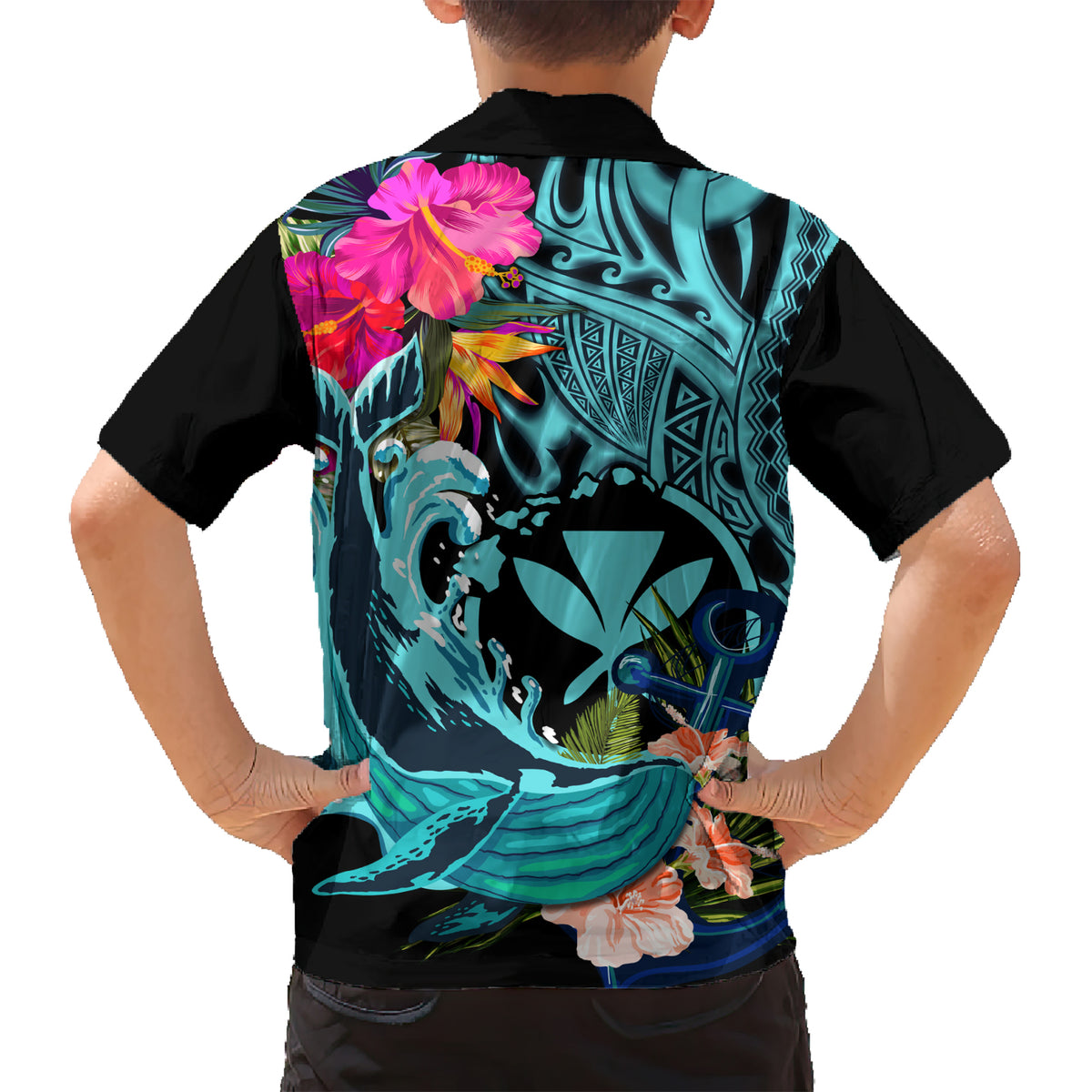 Hawaii Kid Hawaiian Shirt Whale Mix Hibiscus and Kanaka Maoli LT03 - Polynesian Pride