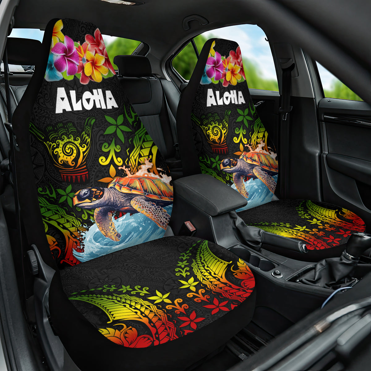 Hawaii Lei Day Car Seat Cover Hibiscus Wreath and Polynesian Pattern LT03 One Size Black - Polynesian Pride