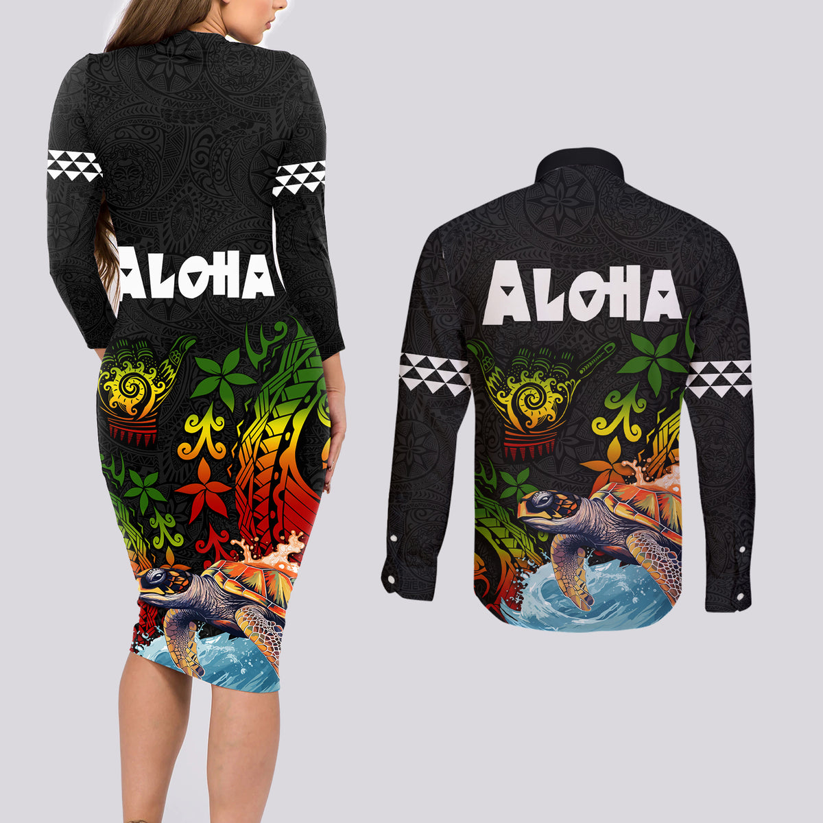 Hawaii Lei Day Couples Matching Long Sleeve Bodycon Dress and Long Sleeve Button Shirt Hibiscus Wreath and Polynesian Pattern