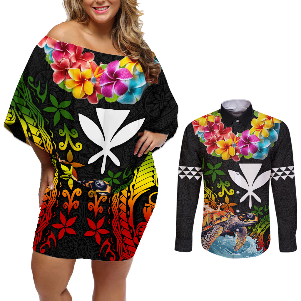 Hawaii Lei Day Couples Matching Off Shoulder Short Dress and Long Sleeve Button Shirt Hibiscus Wreath and Polynesian Pattern