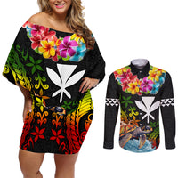 Hawaii Lei Day Couples Matching Off Shoulder Short Dress and Long Sleeve Button Shirt Hibiscus Wreath and Polynesian Pattern