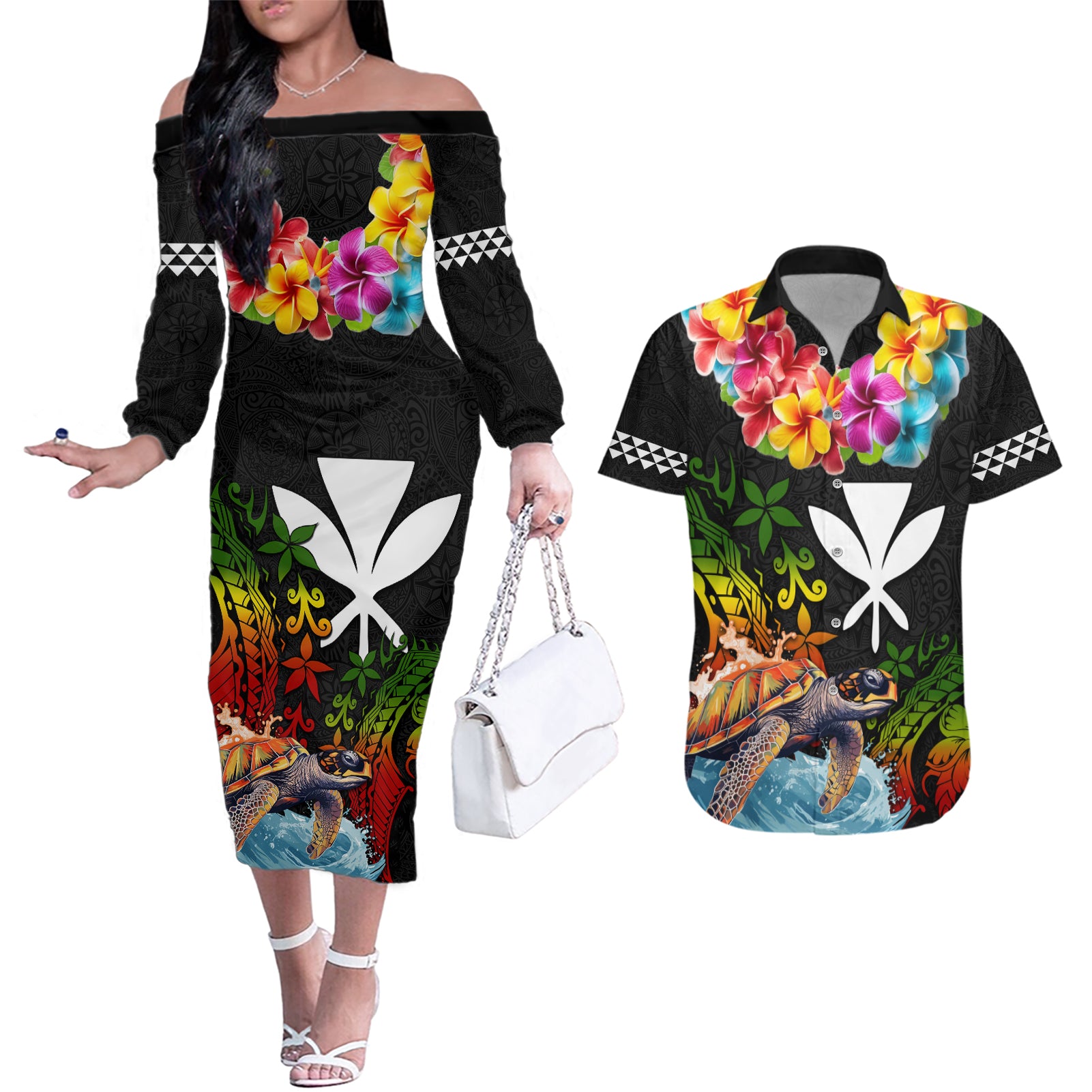 Hawaii Lei Day Couples Matching Off The Shoulder Long Sleeve Dress and Hawaiian Shirt Hibiscus Wreath and Polynesian Pattern