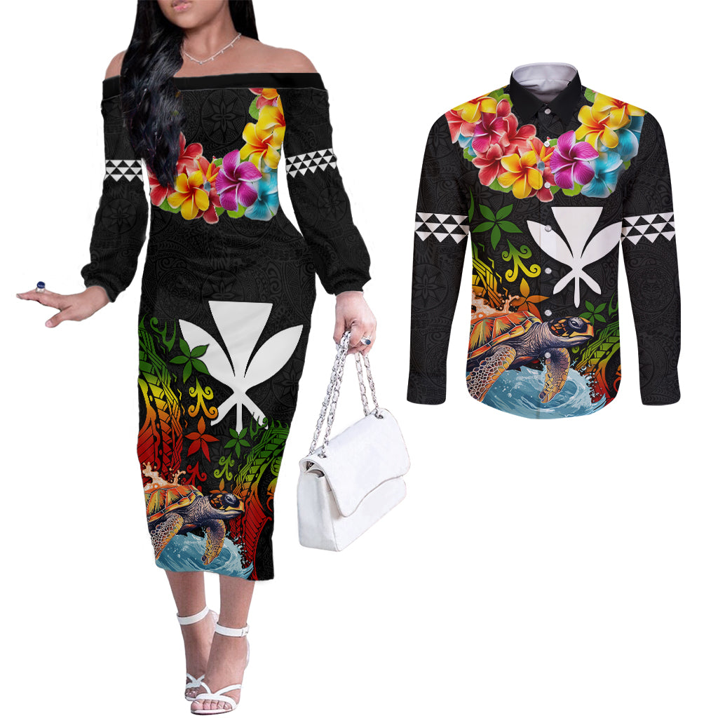 Hawaii Lei Day Couples Matching Off The Shoulder Long Sleeve Dress and Long Sleeve Button Shirt Hibiscus Wreath and Polynesian Pattern