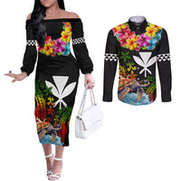 Hawaii Lei Day Couples Matching Off The Shoulder Long Sleeve Dress and Long Sleeve Button Shirt Hibiscus Wreath and Polynesian Pattern