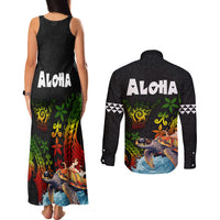 Hawaii Lei Day Couples Matching Tank Maxi Dress and Long Sleeve Button Shirt Hibiscus Wreath and Polynesian Pattern