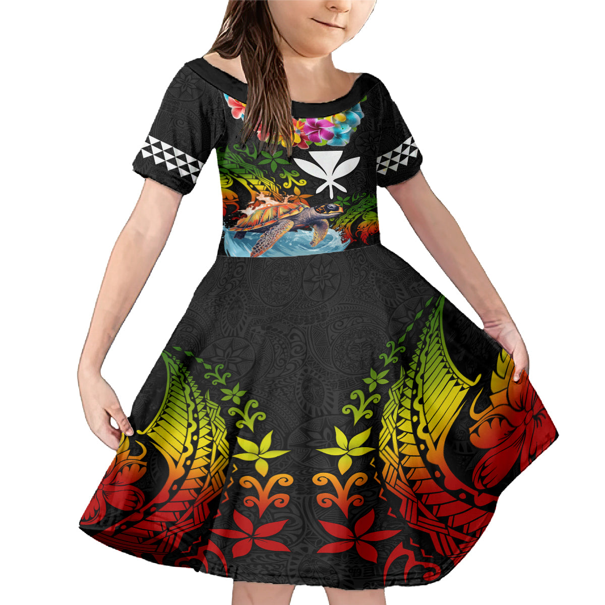 Hawaii Lei Day Family Matching Mermaid Dress and Hawaiian Shirt Hibiscus Wreath and Polynesian Pattern LT03 Daughter's Dress Black - Polynesian Pride