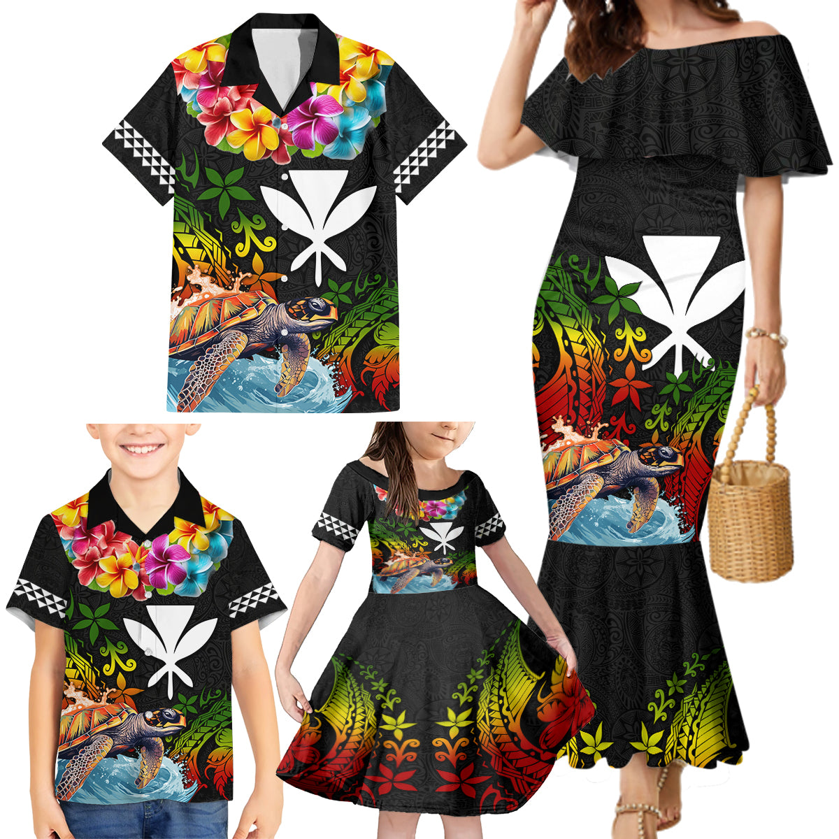 Hawaii Lei Day Family Matching Mermaid Dress and Hawaiian Shirt Hibiscus Wreath and Polynesian Pattern LT03 - Polynesian Pride
