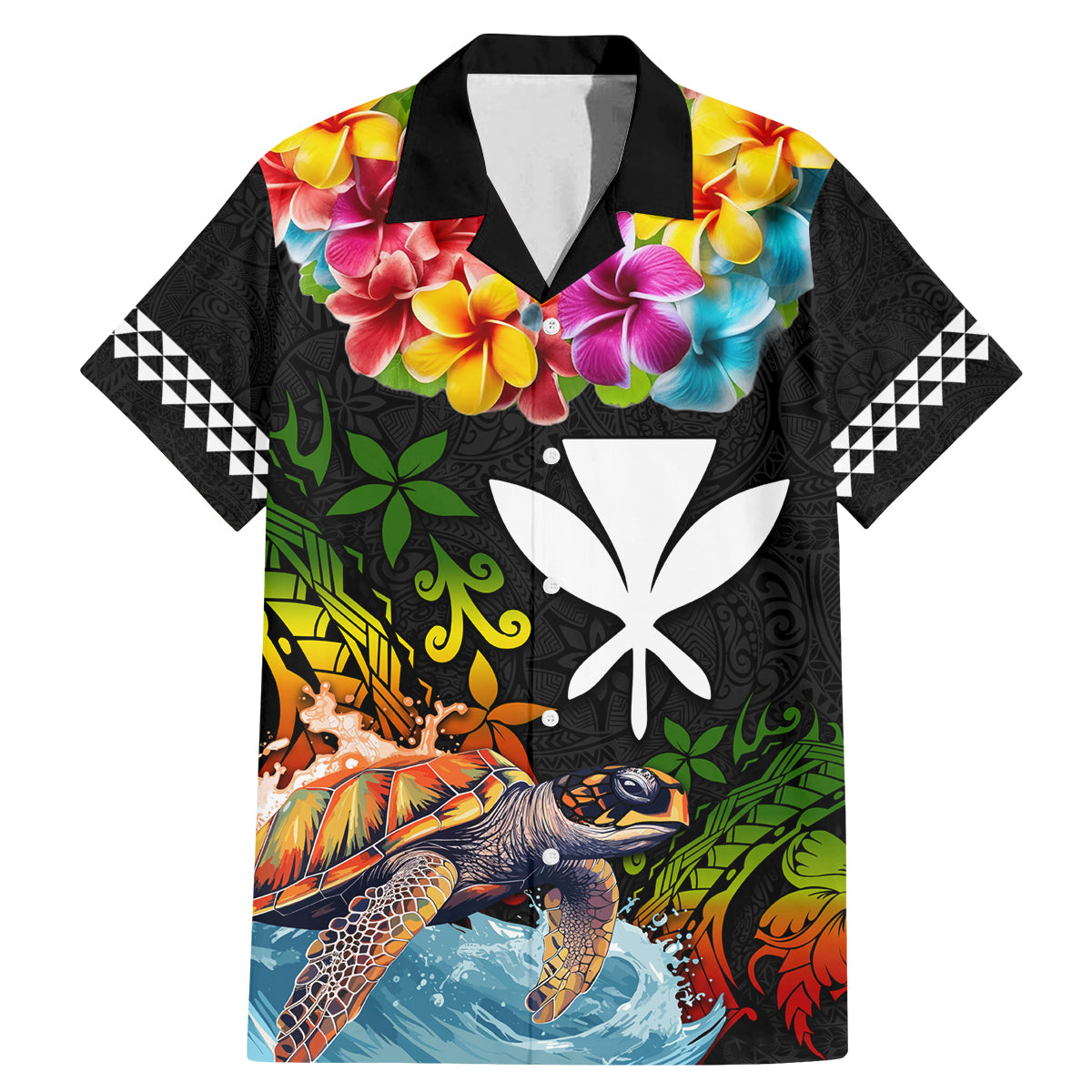Hawaii Lei Day Family Matching Mermaid Dress and Hawaiian Shirt Hibiscus Wreath and Polynesian Pattern LT03 Dad's Shirt - Short Sleeve Black - Polynesian Pride