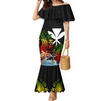 Hawaii Lei Day Family Matching Mermaid Dress and Hawaiian Shirt Hibiscus Wreath and Polynesian Pattern LT03 Mom's Dress Black - Polynesian Pride