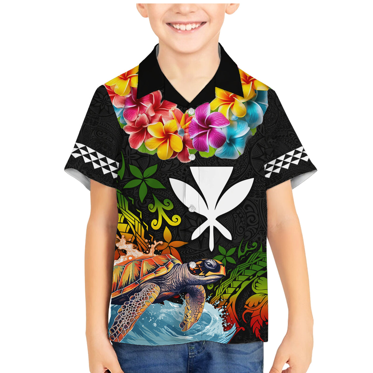 Hawaii Lei Day Family Matching Mermaid Dress and Hawaiian Shirt Hibiscus Wreath and Polynesian Pattern LT03 Son's Shirt Black - Polynesian Pride
