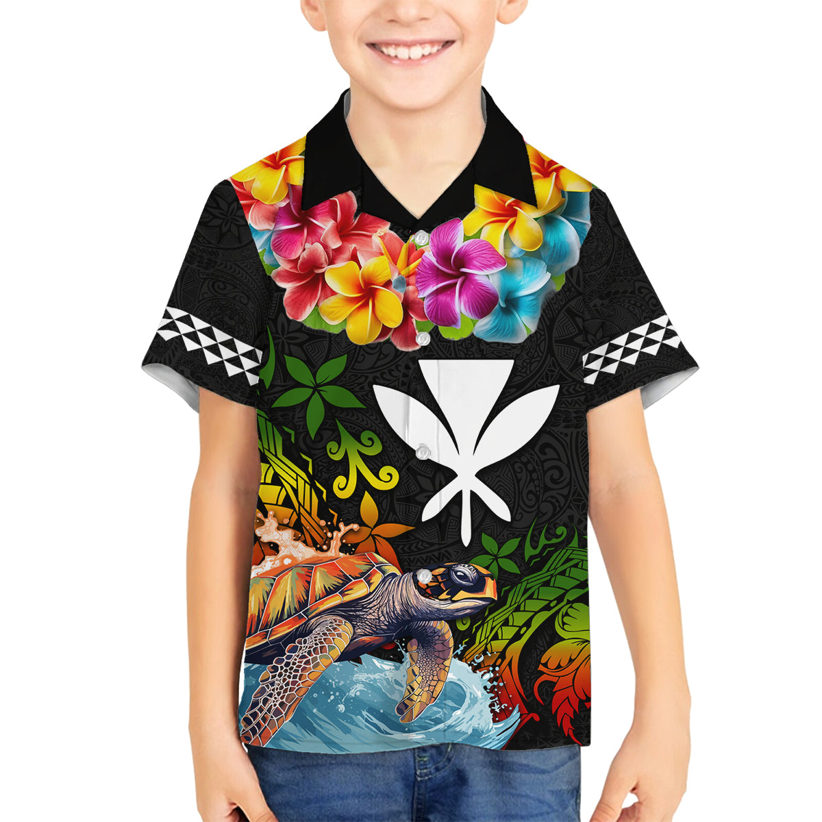 Hawaii Lei Day Family Matching Off The Shoulder Long Sleeve Dress and Hawaiian Shirt Hibiscus Wreath and Polynesian Pattern