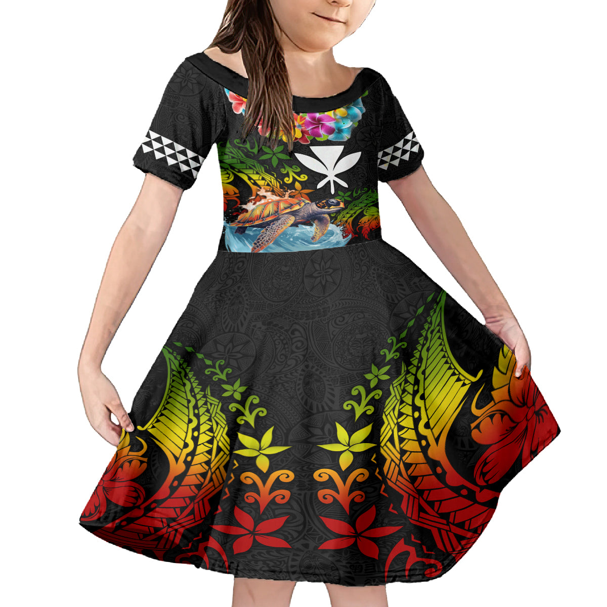 Hawaii Lei Day Kid Short Sleeve Dress Hibiscus Wreath and Polynesian Pattern LT03 KID Black - Polynesian Pride