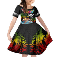 Hawaii Lei Day Kid Short Sleeve Dress Hibiscus Wreath and Polynesian Pattern LT03 KID Black - Polynesian Pride