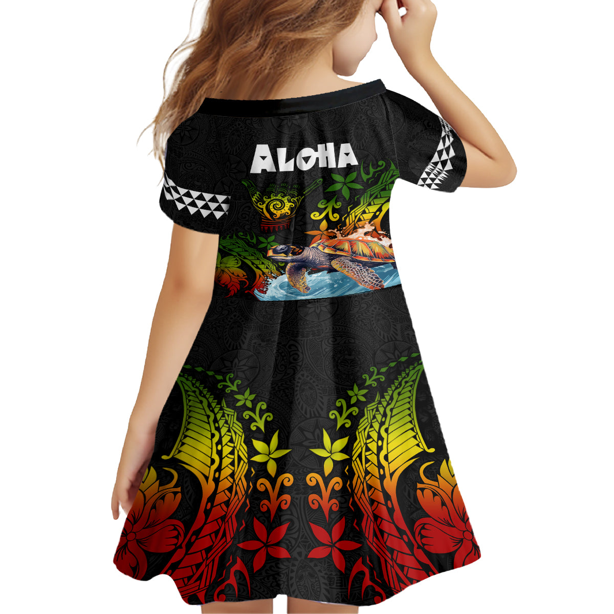 Hawaii Lei Day Kid Short Sleeve Dress Hibiscus Wreath and Polynesian Pattern LT03 - Polynesian Pride