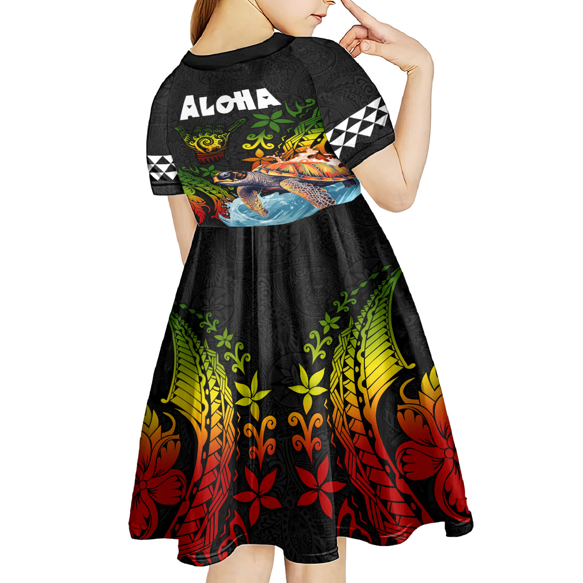 Hawaii Lei Day Kid Short Sleeve Dress Hibiscus Wreath and Polynesian Pattern LT03 - Polynesian Pride