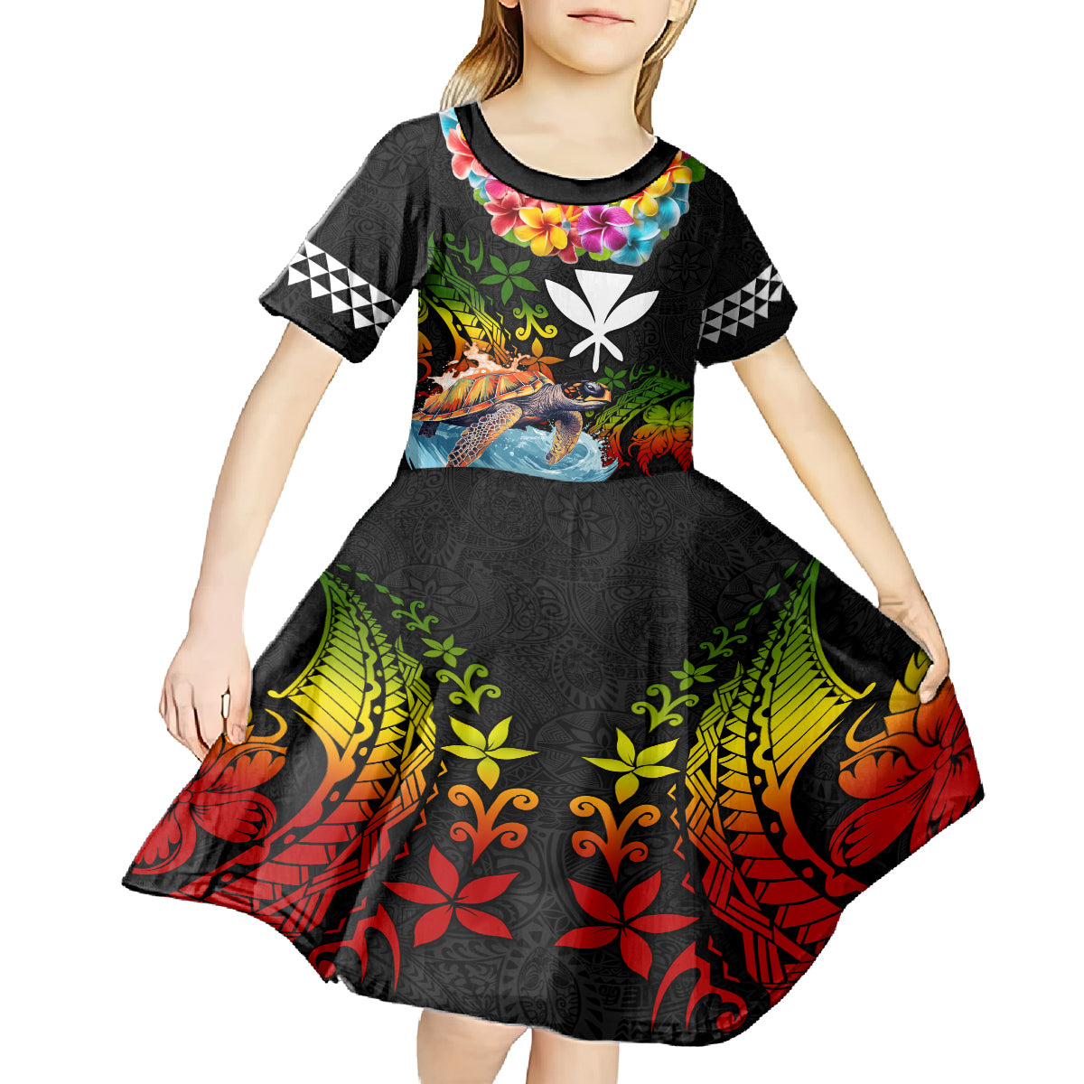 Hawaii Lei Day Kid Short Sleeve Dress Hibiscus Wreath and Polynesian Pattern LT03 - Polynesian Pride