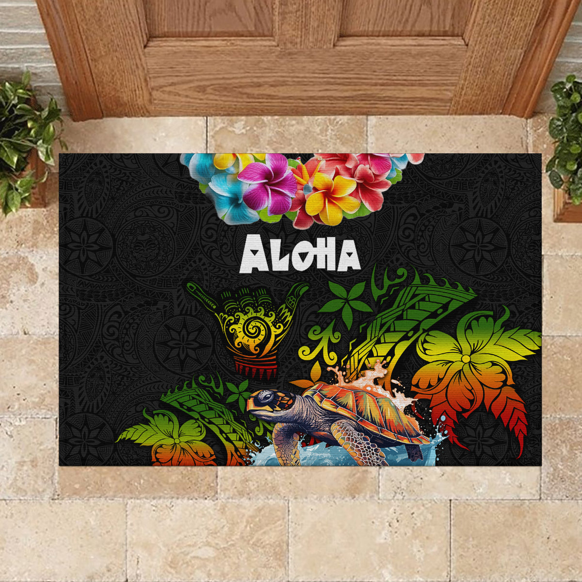 Hawaii Lei Day Rubber Doormat Hibiscus Wreath and Polynesian Pattern