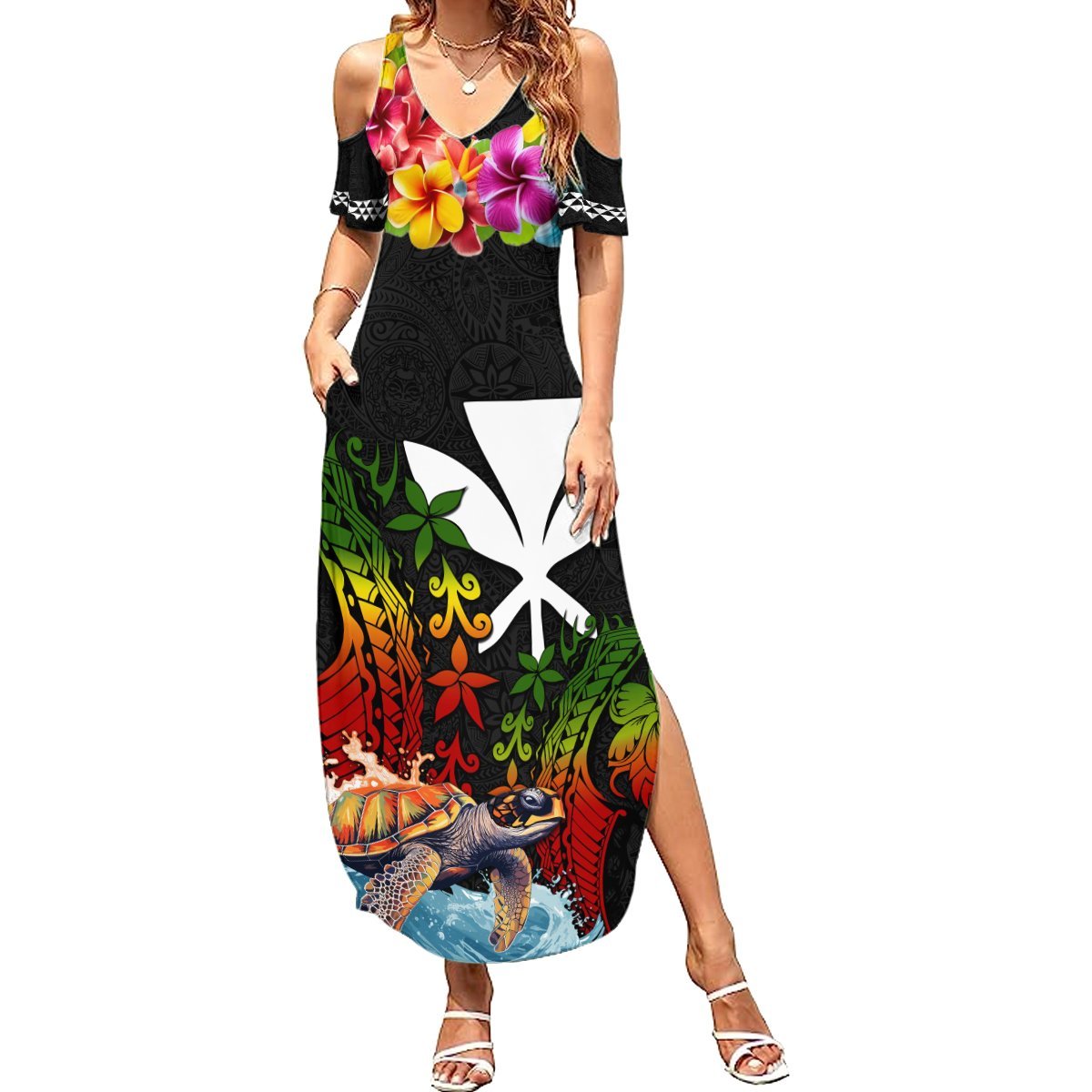 Hawaii Lei Day Summer Maxi Dress Hibiscus Wreath and Polynesian Pattern LT03 Women Black - Polynesian Pride