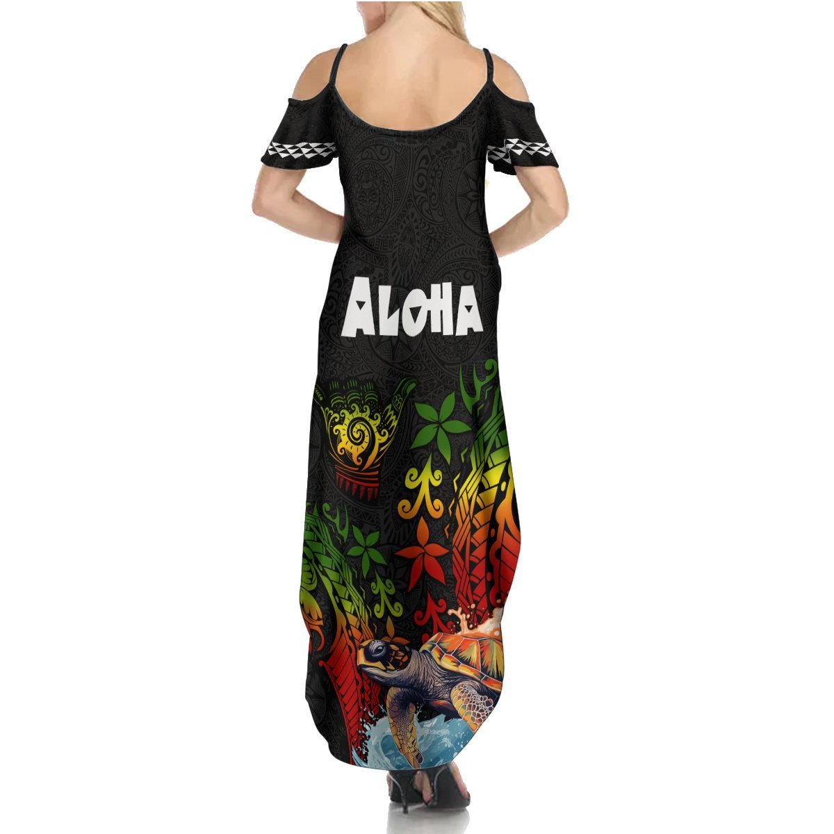 Hawaii Lei Day Summer Maxi Dress Hibiscus Wreath and Polynesian Pattern LT03 - Polynesian Pride