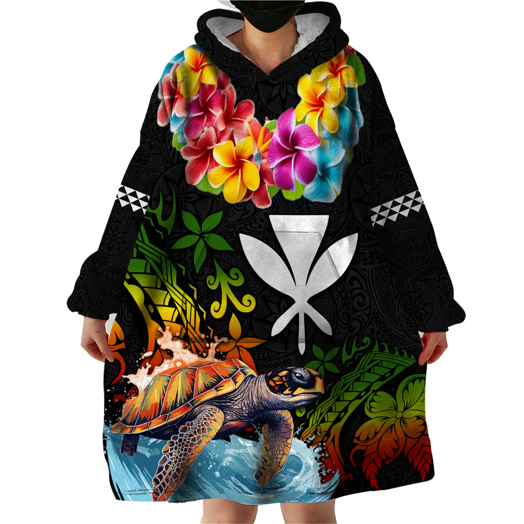 Hawaii Lei Day Wearable Blanket Hoodie Hibiscus Wreath and Polynesian Pattern