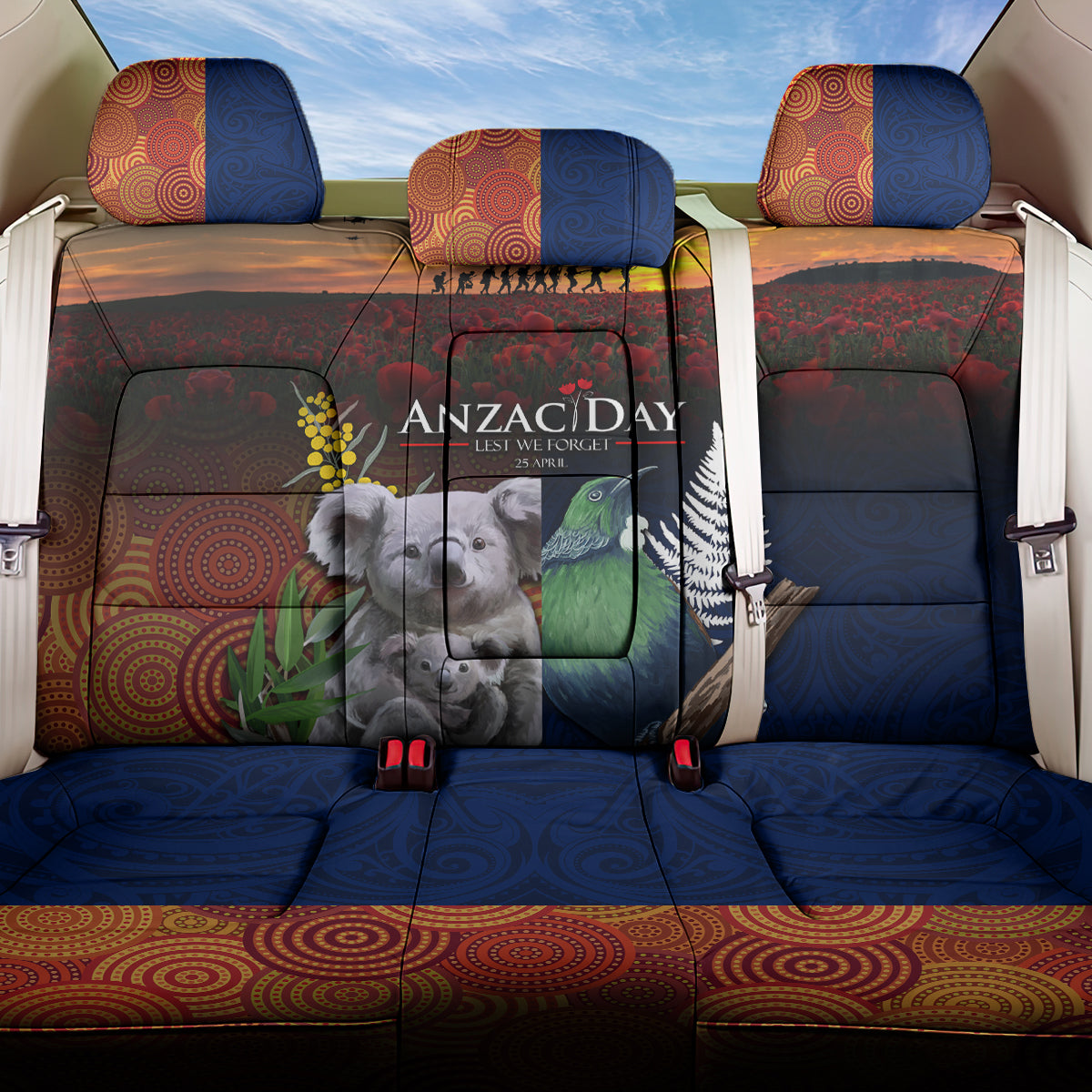 Australia and New Zealand ANZAC Day Back Car Seat Cover Tui Bird and Koala mix Maori and Aboriginal Pattern LT03 One Size Black - Polynesian Pride