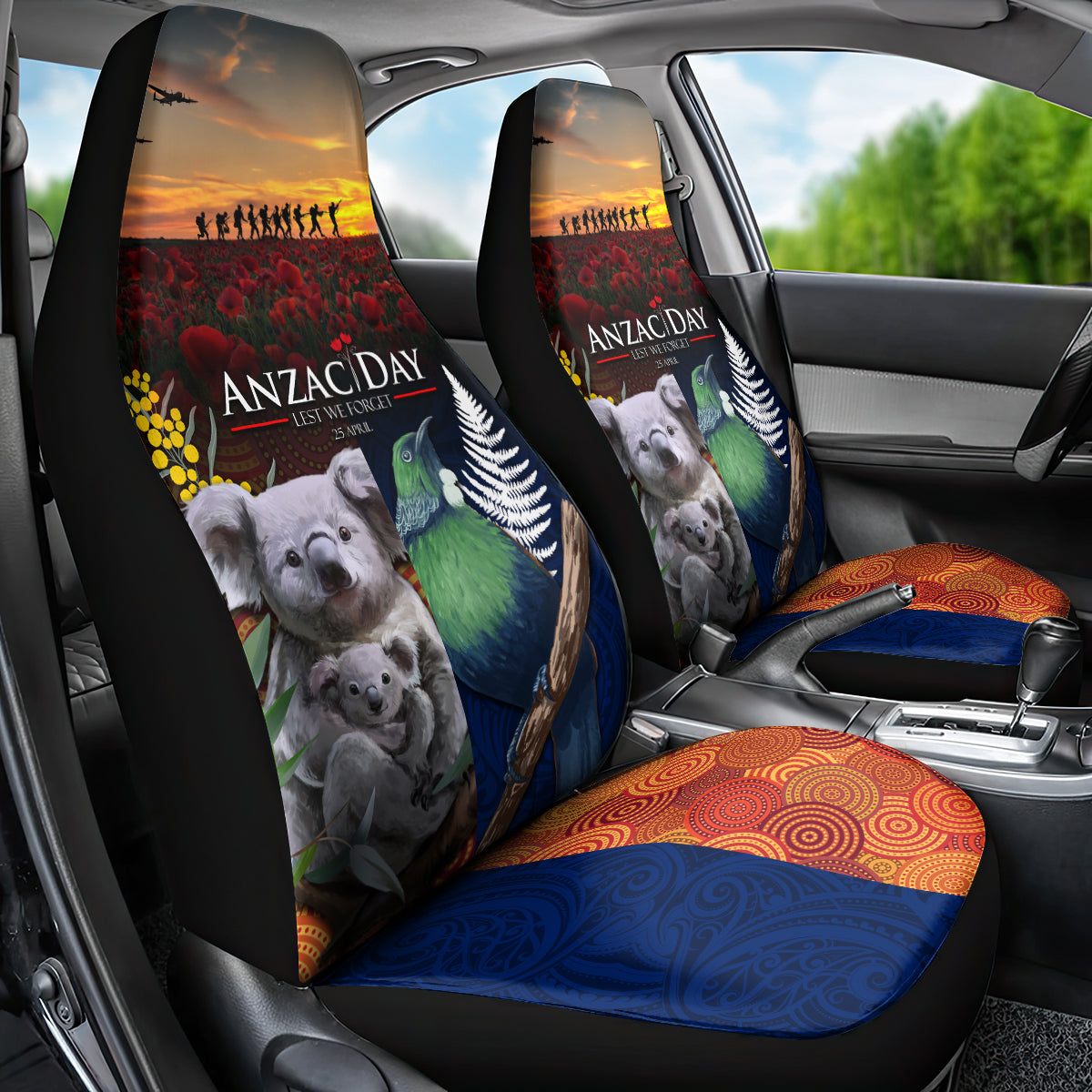 Australia and New Zealand ANZAC Day Car Seat Cover Tui Bird and Koala mix Maori and Aboriginal Pattern LT03 - Polynesian Pride