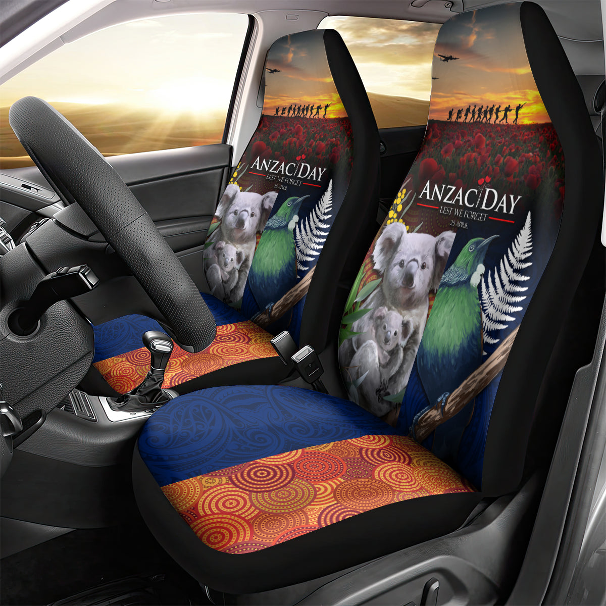 Australia and New Zealand ANZAC Day Car Seat Cover Tui Bird and Koala mix Maori and Aboriginal Pattern LT03 - Polynesian Pride