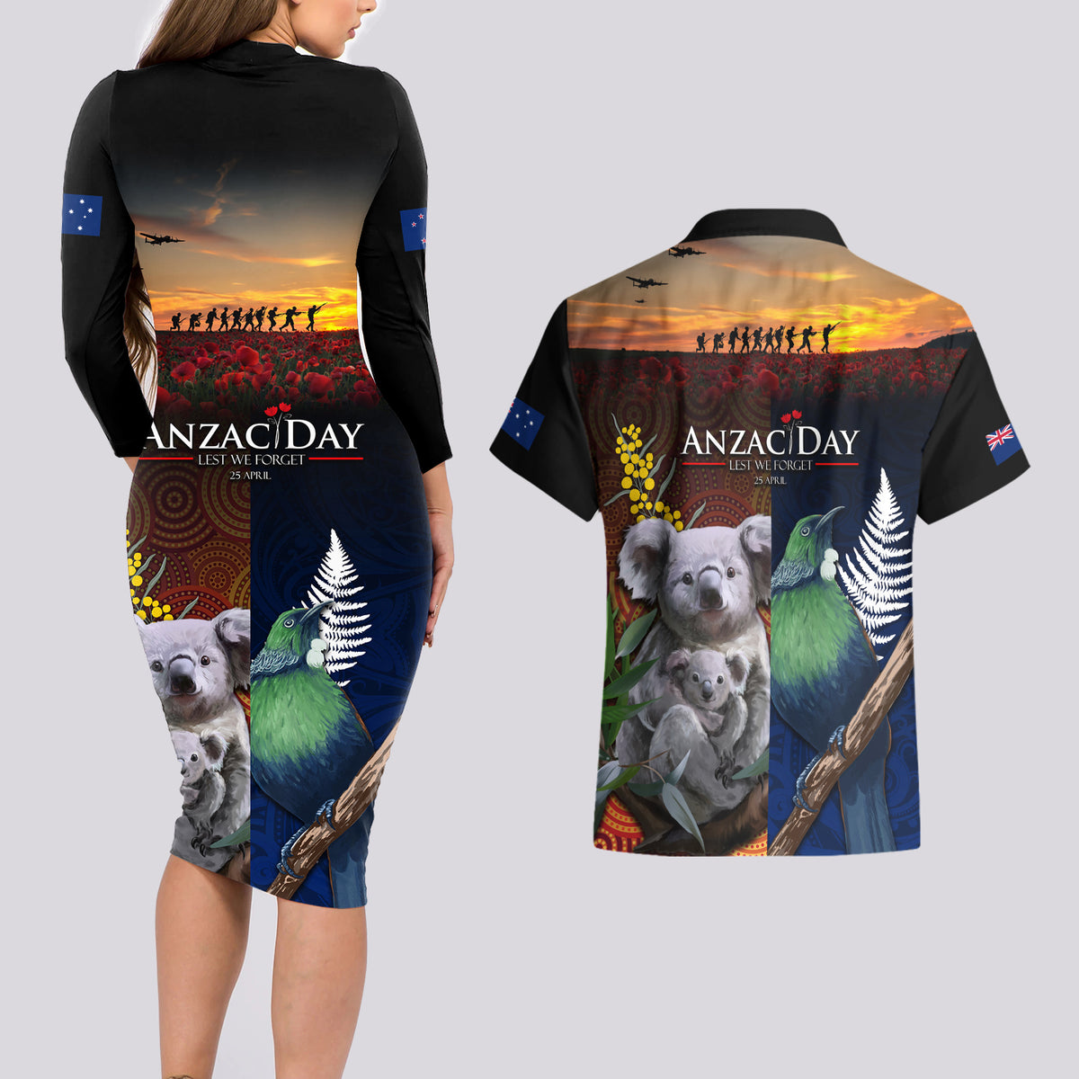 Australia and New Zealand ANZAC Day Couples Matching Long Sleeve Bodycon Dress and Hawaiian Shirt Tui Bird and Koala mix Maori and Aboriginal Pattern LT03 - Polynesian Pride