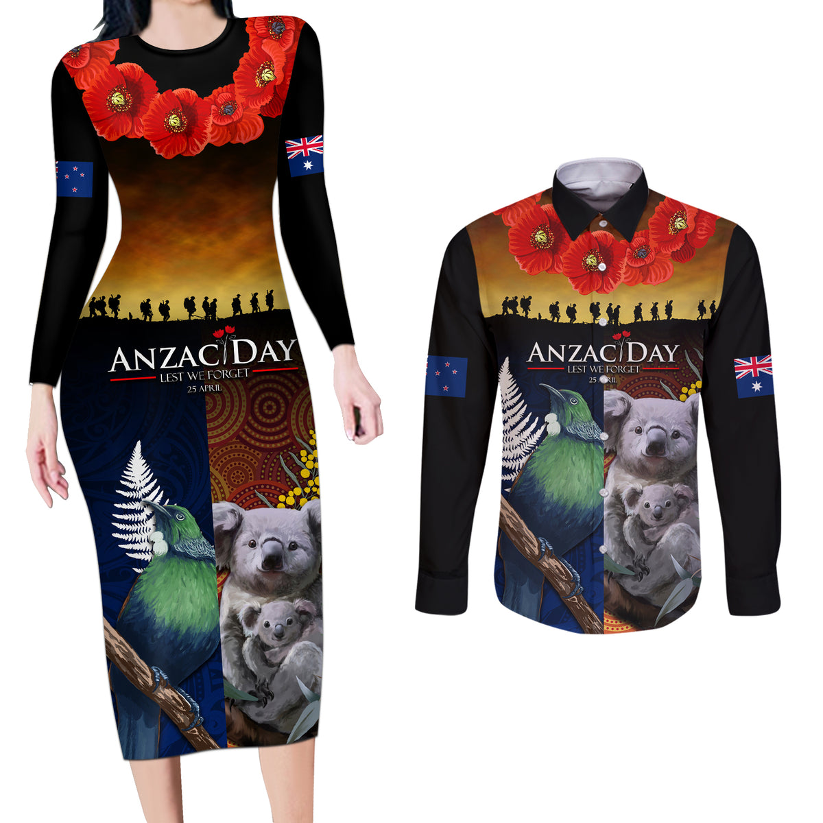 Australia and New Zealand ANZAC Day Couples Matching Long Sleeve Bodycon Dress and Long Sleeve Button Shirt Tui Bird and Koala mix Maori and Aboriginal Pattern LT03 Black - Polynesian Pride