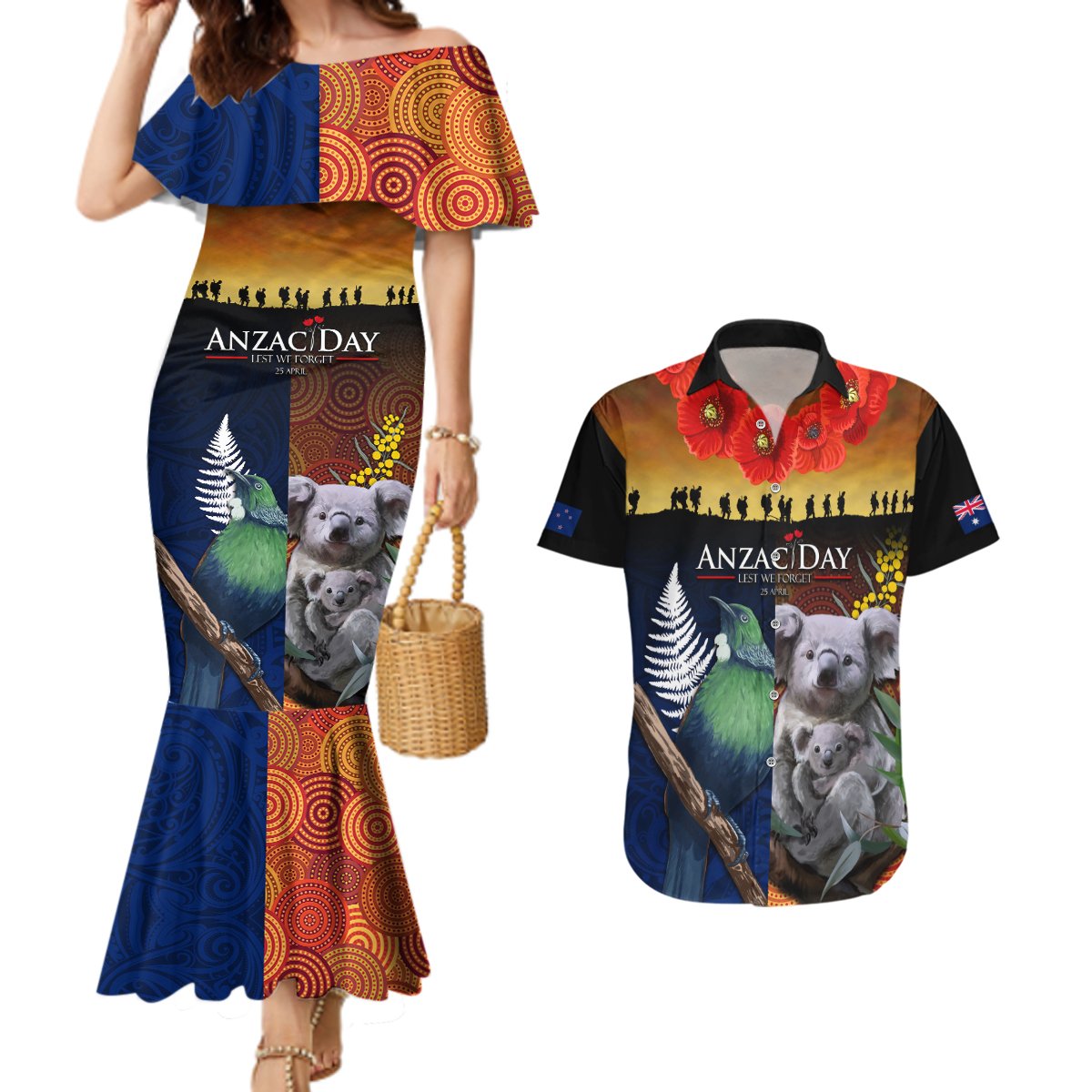 Australia and New Zealand ANZAC Day Couples Matching Mermaid Dress and Hawaiian Shirt Tui Bird and Koala mix Maori and Aboriginal Pattern LT03 Black - Polynesian Pride