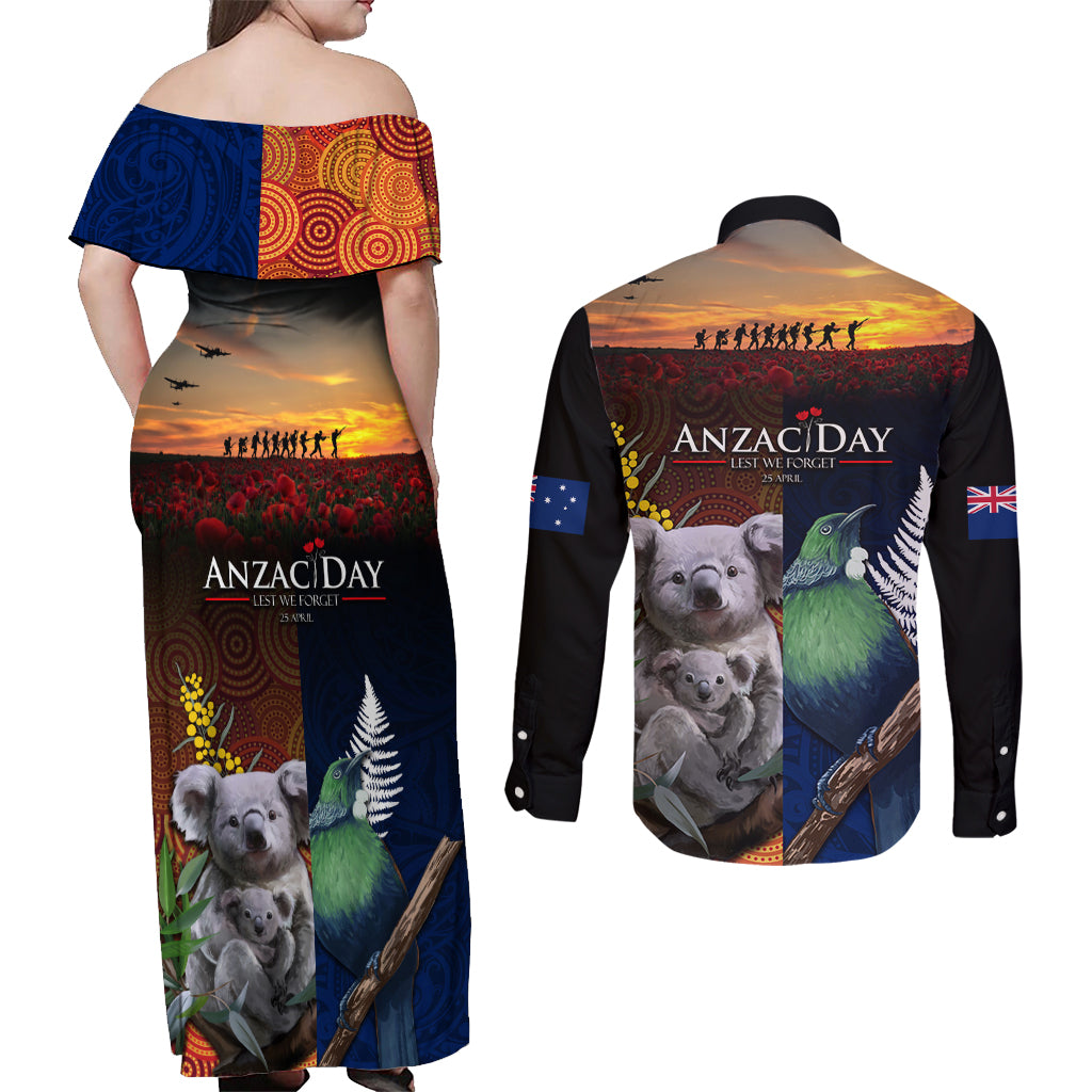 Australia and New Zealand ANZAC Day Couples Matching Off Shoulder Maxi Dress and Long Sleeve Button Shirt Tui Bird and Koala mix Maori and Aboriginal Pattern LT03 - Polynesian Pride