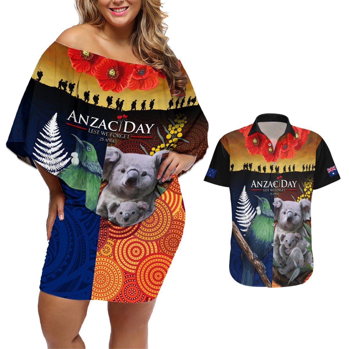 Australia and New Zealand ANZAC Day Couples Matching Off Shoulder Short Dress and Hawaiian Shirt Tui Bird and Koala mix Maori and Aboriginal Pattern LT03 Black - Polynesian Pride