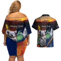 Australia and New Zealand ANZAC Day Couples Matching Off Shoulder Short Dress and Hawaiian Shirt Tui Bird and Koala mix Maori and Aboriginal Pattern LT03 - Polynesian Pride