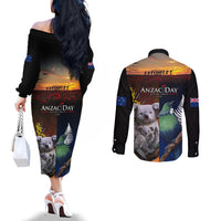 Australia and New Zealand ANZAC Day Couples Matching Off The Shoulder Long Sleeve Dress and Long Sleeve Button Shirt Tui Bird and Koala mix Maori and Aboriginal Pattern LT03 - Polynesian Pride